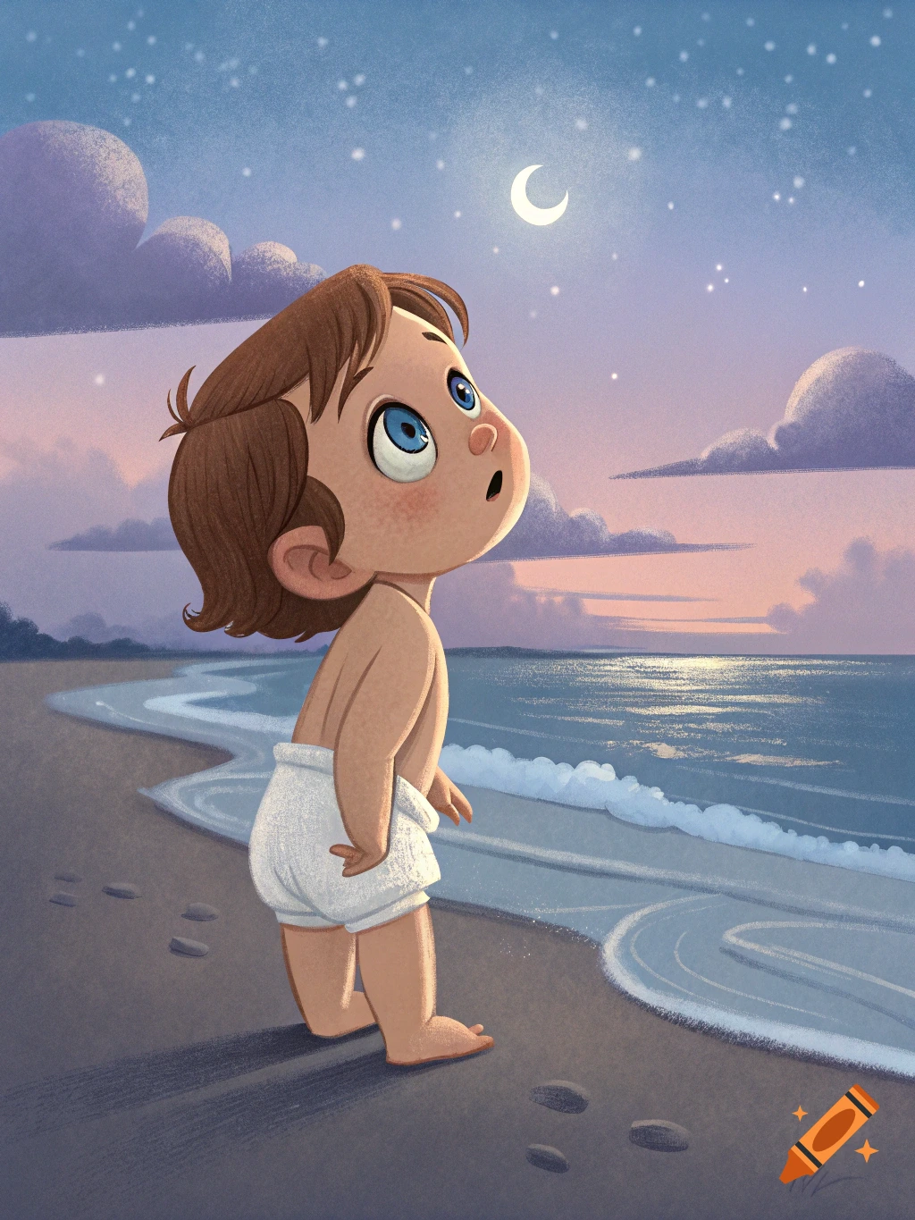 A cartoon toddler in a diaper stands on a beach at dusk, looking up at the moon and stars.