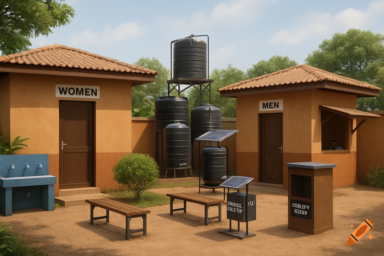 Two small buildings labeled "WOMEN" and "MEN" stand in an outdoor area with benches, large water tanks on a platform, and solar-powered kiosks. Realistic style.