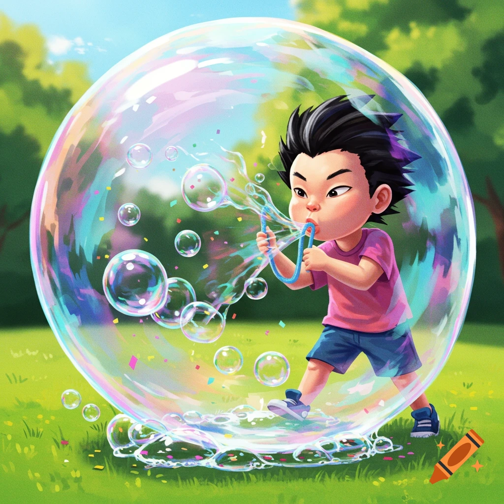 A young boy blows bubbles inside a large iridescent bubble in a park.