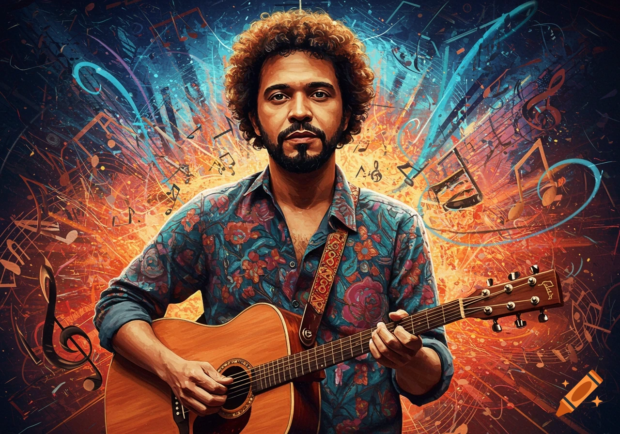 Illustration of a musician playing an acoustic guitar with an abstract background of musical notes and colors.