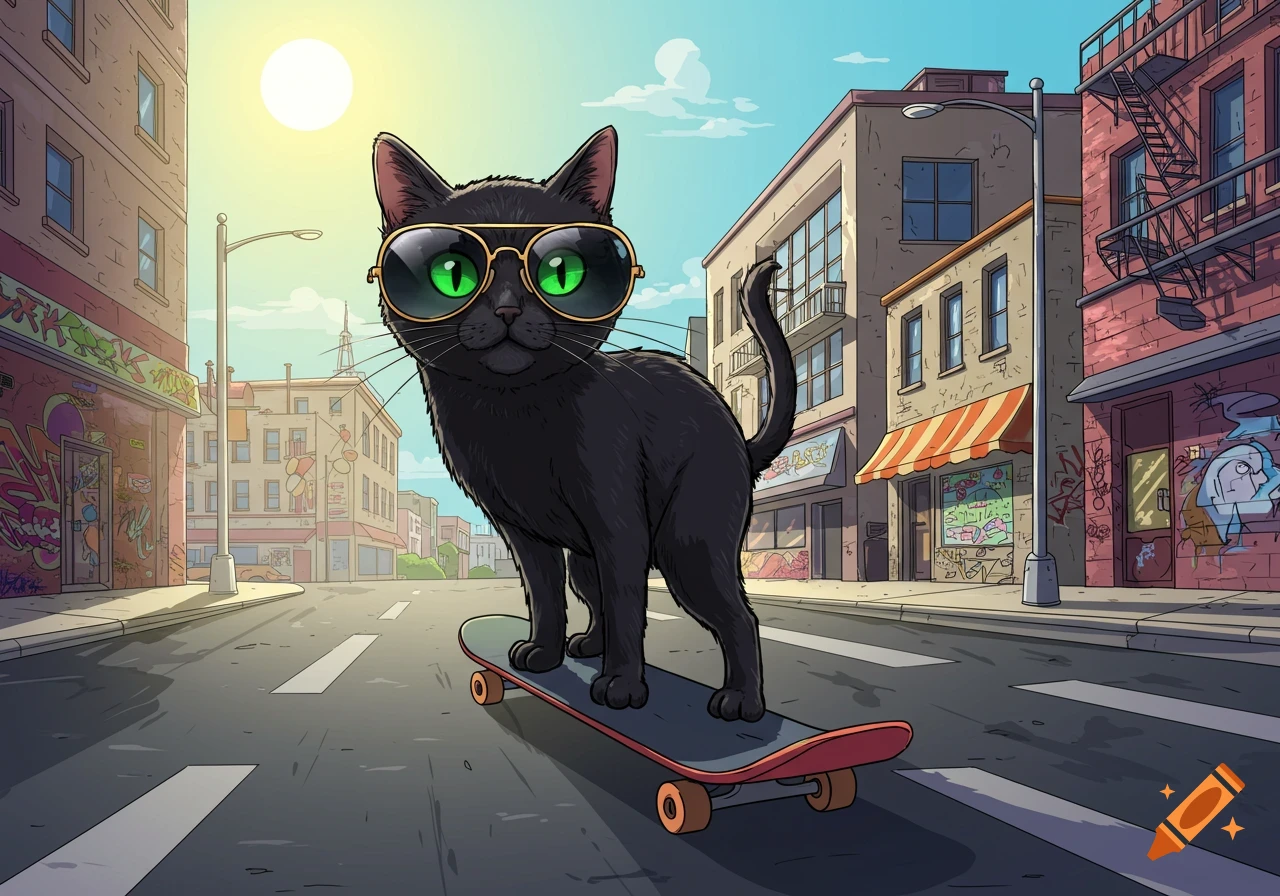 A cartoon black cat wearing green sunglasses rides a skateboard down a city street.