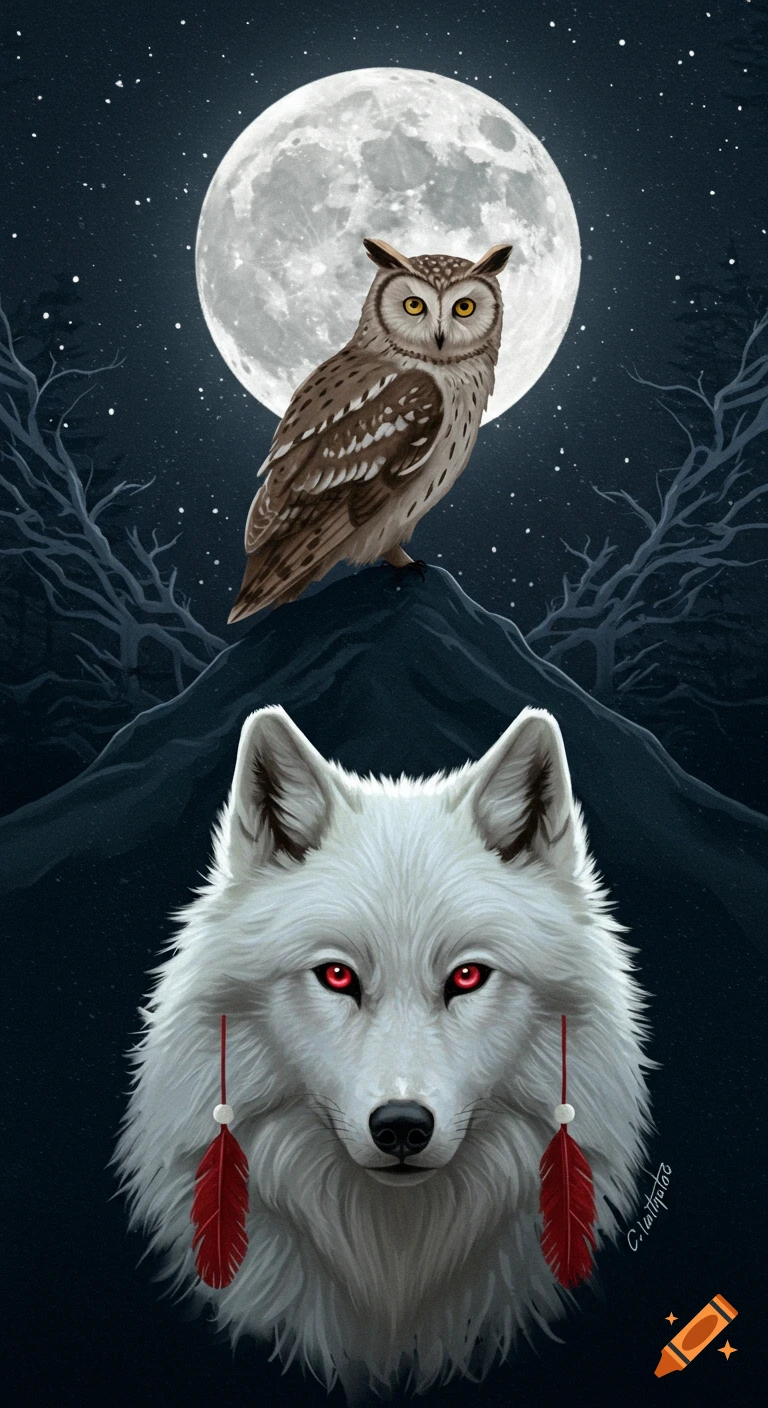 Illustration of a white wolf with red eyes and an owl under a large full moon at night.