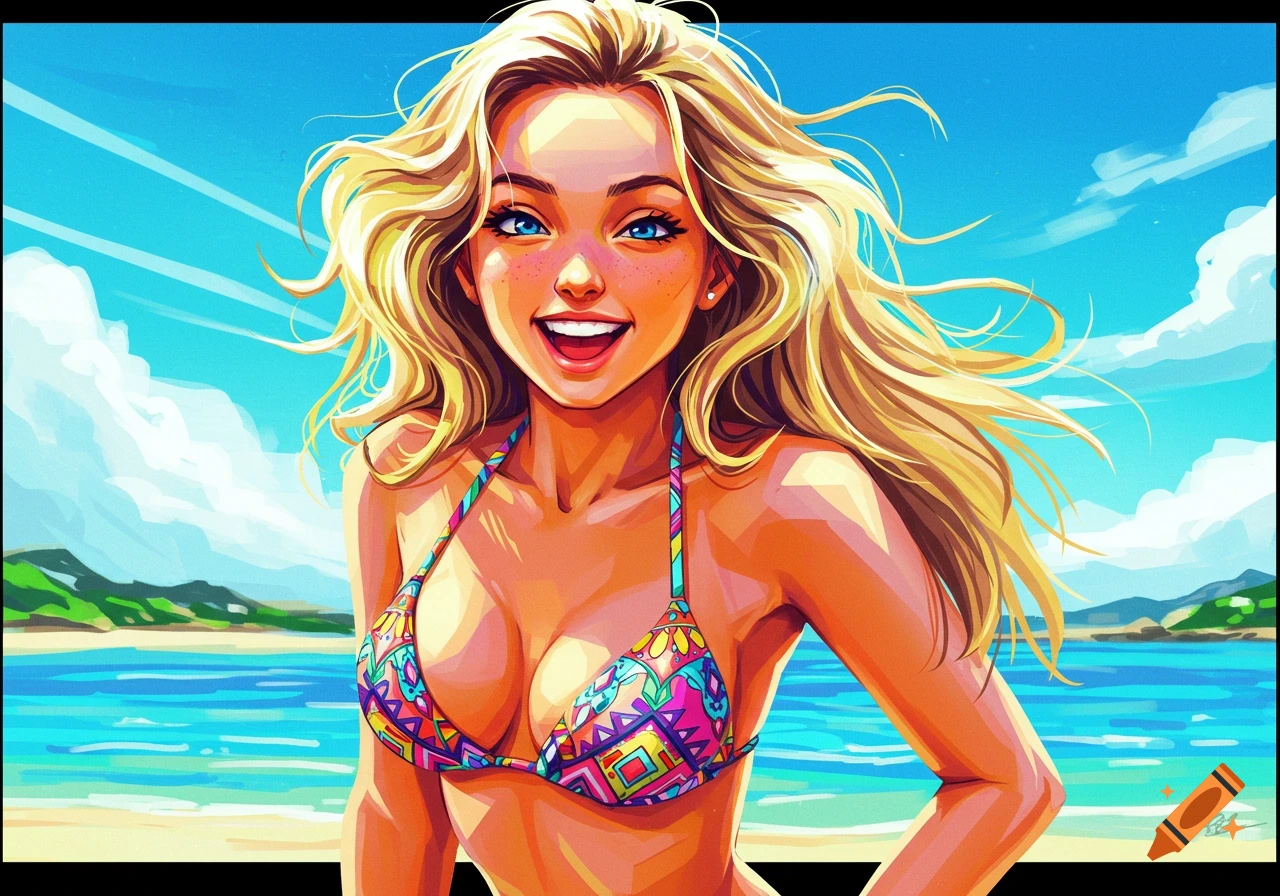 Stylized illustration of a smiling blonde woman in a colorful bikini on a beach