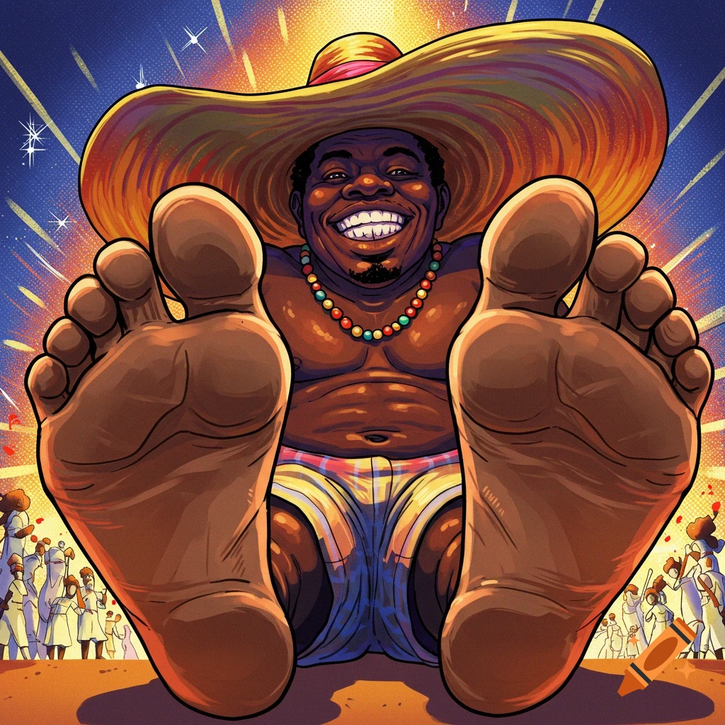 Illustration of a man in a large straw hat with large feet prominent in the foreground