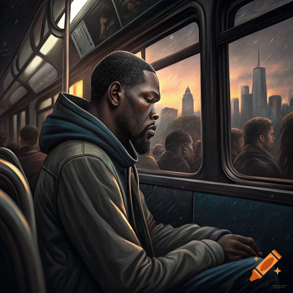 A man looking sad sits on a bus, looking out the window at a city cityscape during a rainy sunset. Digital painting.