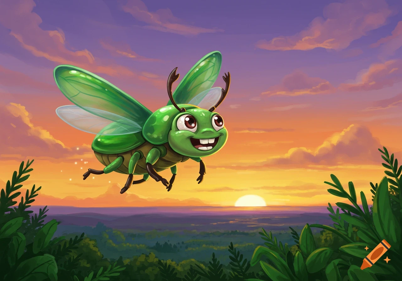 Cartoon green beetle flying over a landscape at sunset