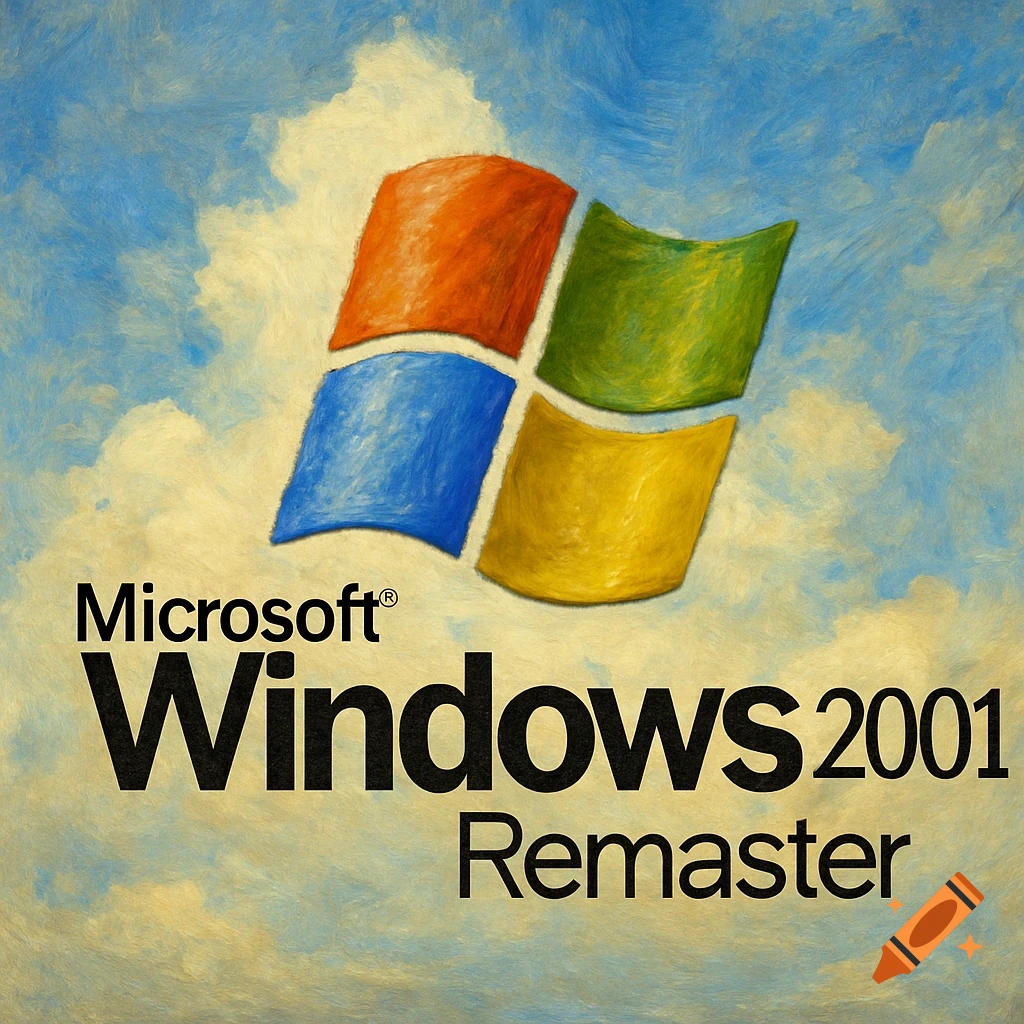 Painted style image of the Microsoft Windows logo with the text 'Microsoft Windows 2001 Remaster' against a cloudy sky.