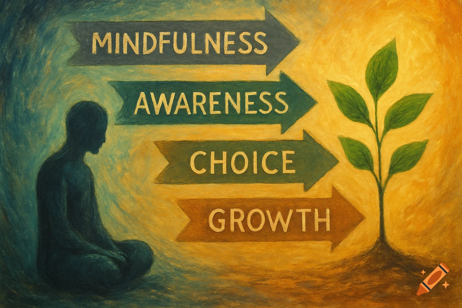 A person meditates next to arrows labeled Mindfulness, Awareness, Choice, Growth pointing to a growing plant, in a textured painting style.