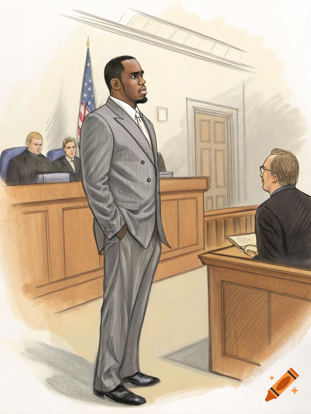 Courtroom sketch of a man in a suit standing before a judge