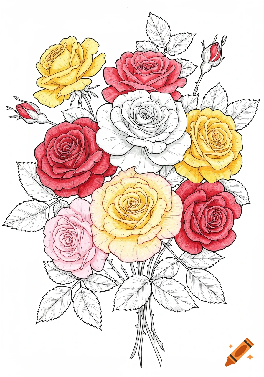 Illustration of a bouquet of red, yellow, pink, and white roses in a coloring book style.