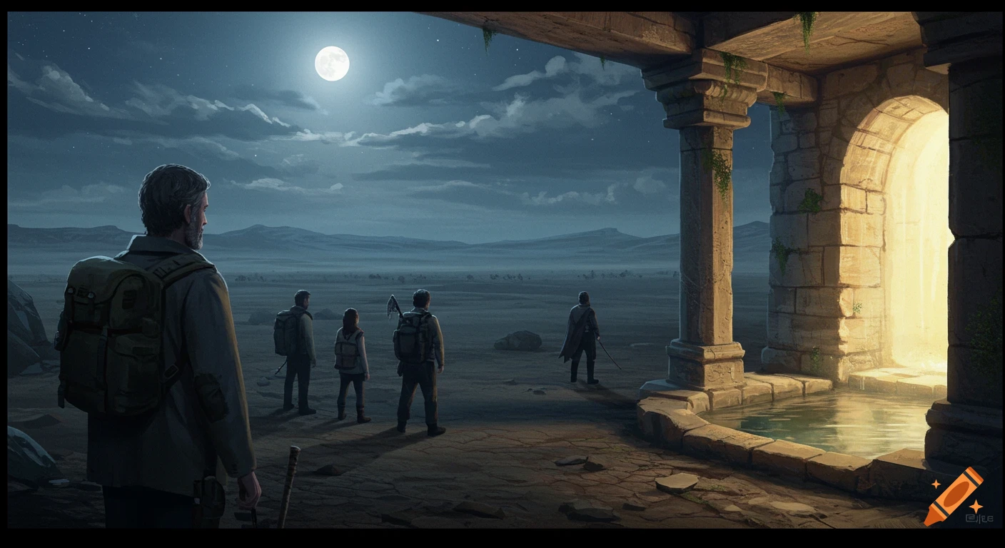 Figures stand by moonlit ancient ruins and a pool in a vast desert landscape