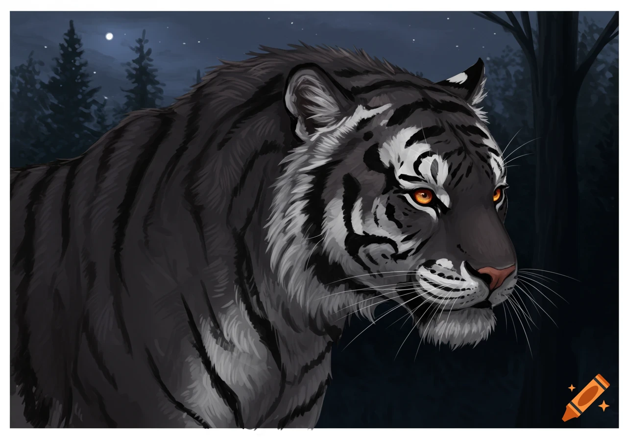 Black and gray tiger in a dark forest at night