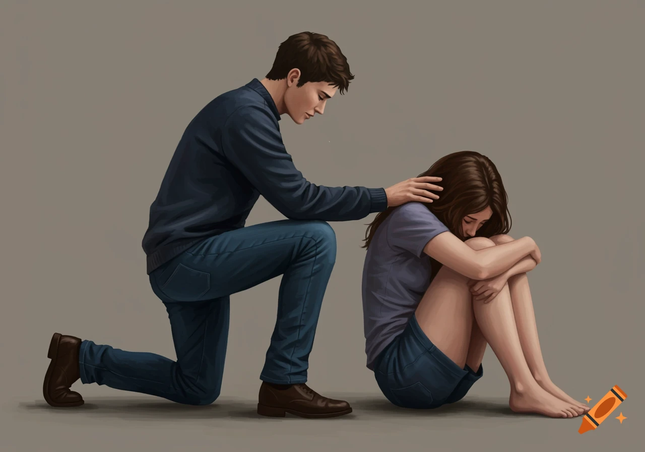 A man kneels beside a woman who is curled up sadly, placing a hand on her shoulder.