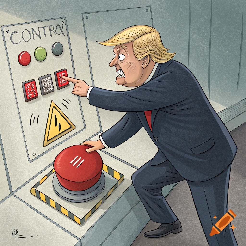 Cartoon of Donald Trump pressing a big red button on a control panel labeled CONTROL.
