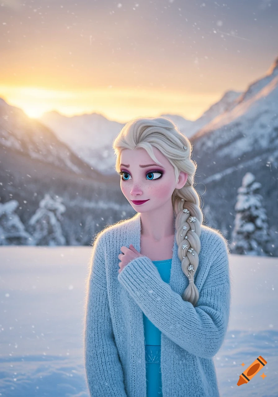 Elsa from Frozen wearing a fuzzy cardigan in a snowy mountain landscape.