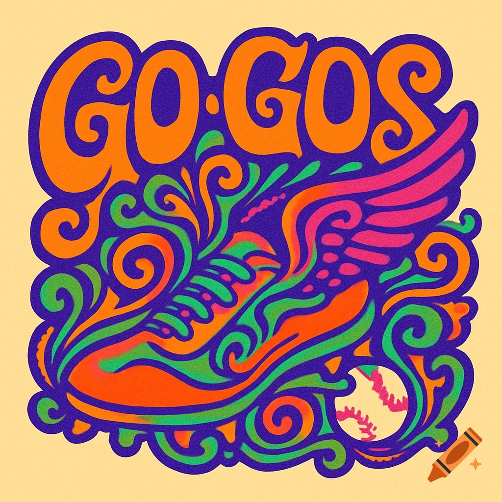 Psychedelic logo for GO GOS baseball team with a winged shoe and baseball.