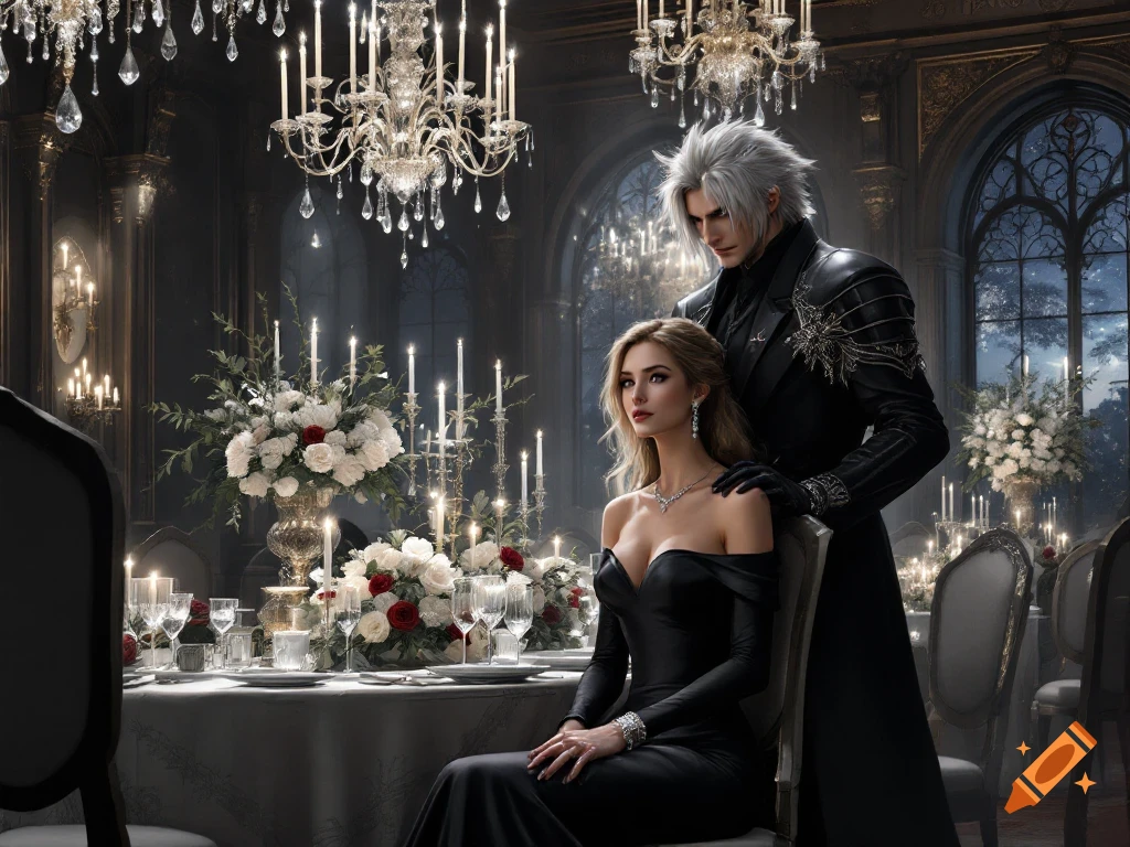 A couple in formal black attire sit at a grand table in a dark, ornate ballroom with chandeliers.