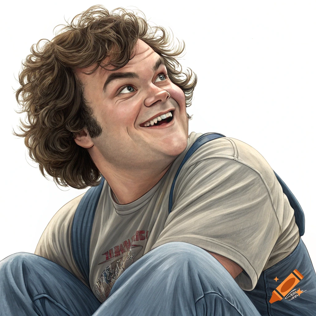 Realistic illustration of a smiling person resembling Jack Black, wearing a t-shirt and overalls, looking up.