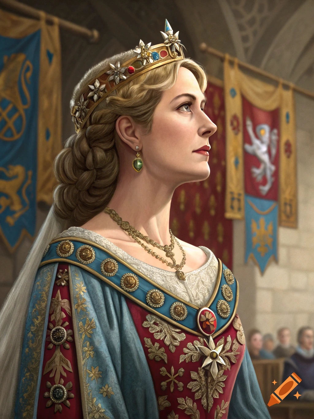 Portrait of a queen or noblewoman in elaborate historical dress and crown