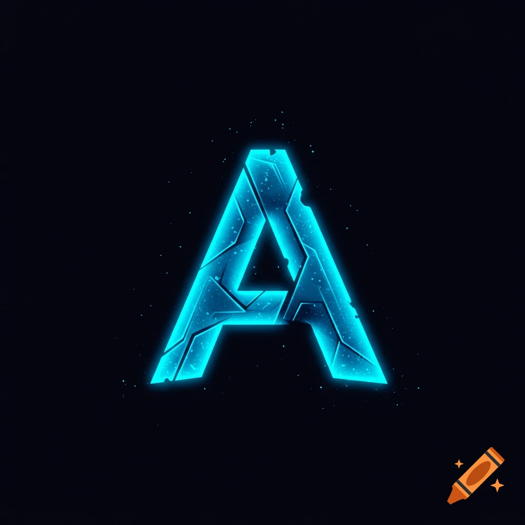 A fractured, glowing blue letter A on a dark background.