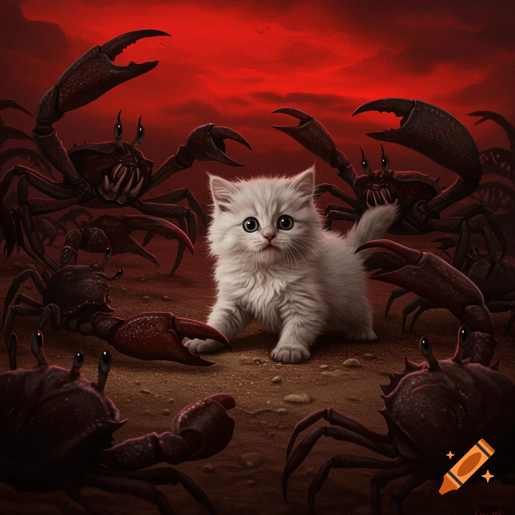 A fluffy white kitten surrounded by menacing crabs under a red sky.