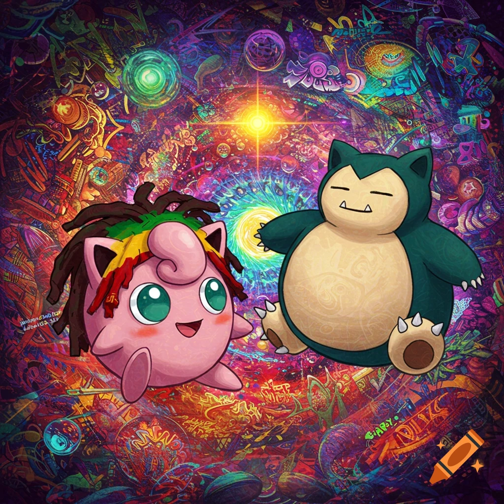 Rasta Jigglypuff and Snorlax against a vibrant, psychedelic background.