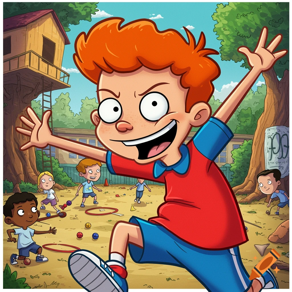 A cartoon boy with orange hair runs excitedly on a playground with other children playing in the background.