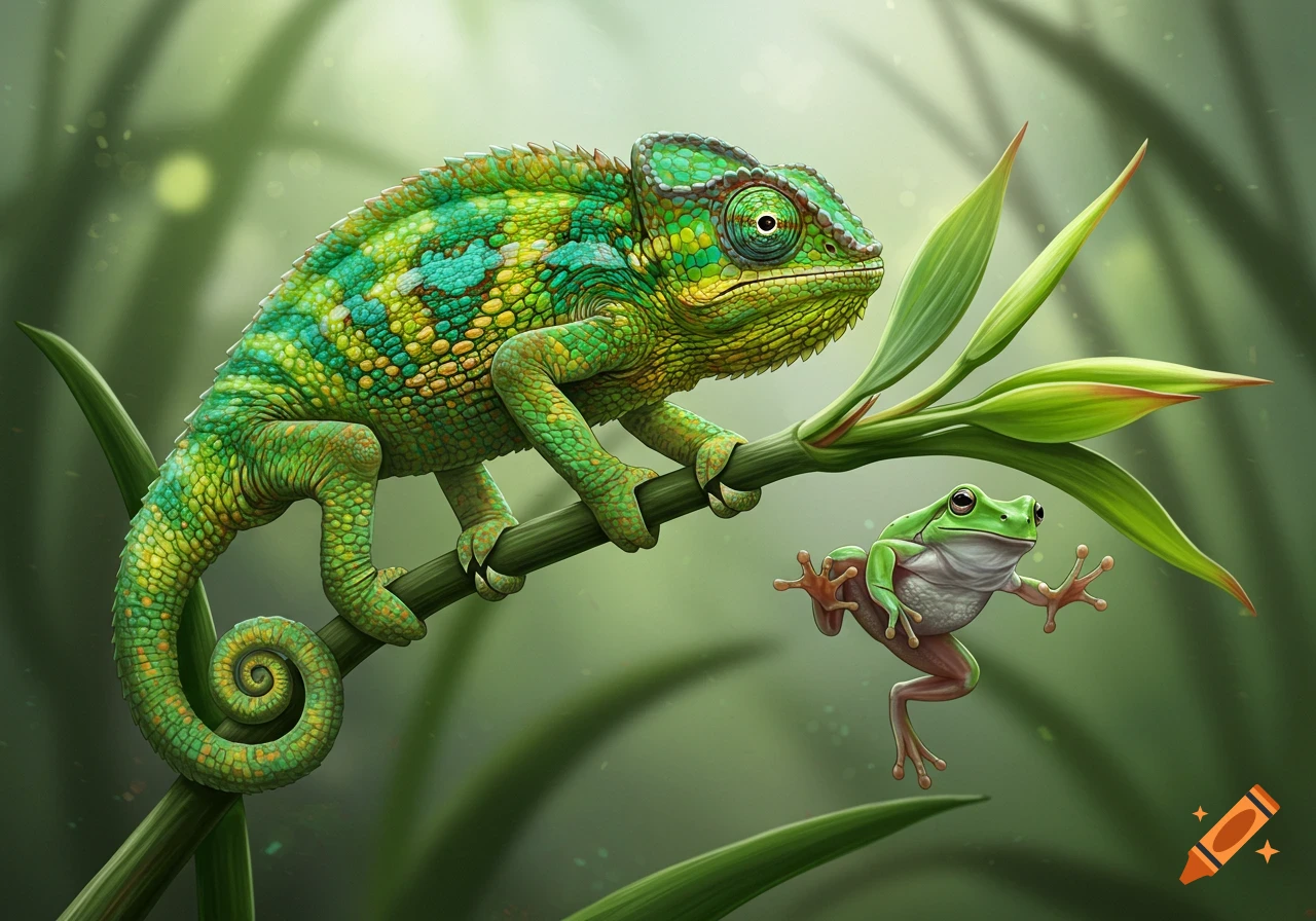 A green chameleon on a branch looks at a small frog leaping towards it, detailed illustration.