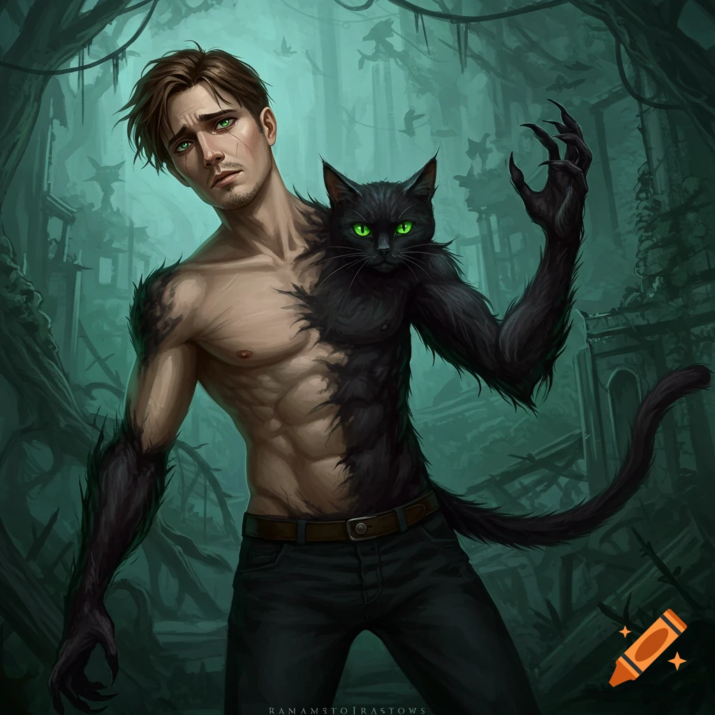 Man transforming into a black cat creature in a mystical forest ruin