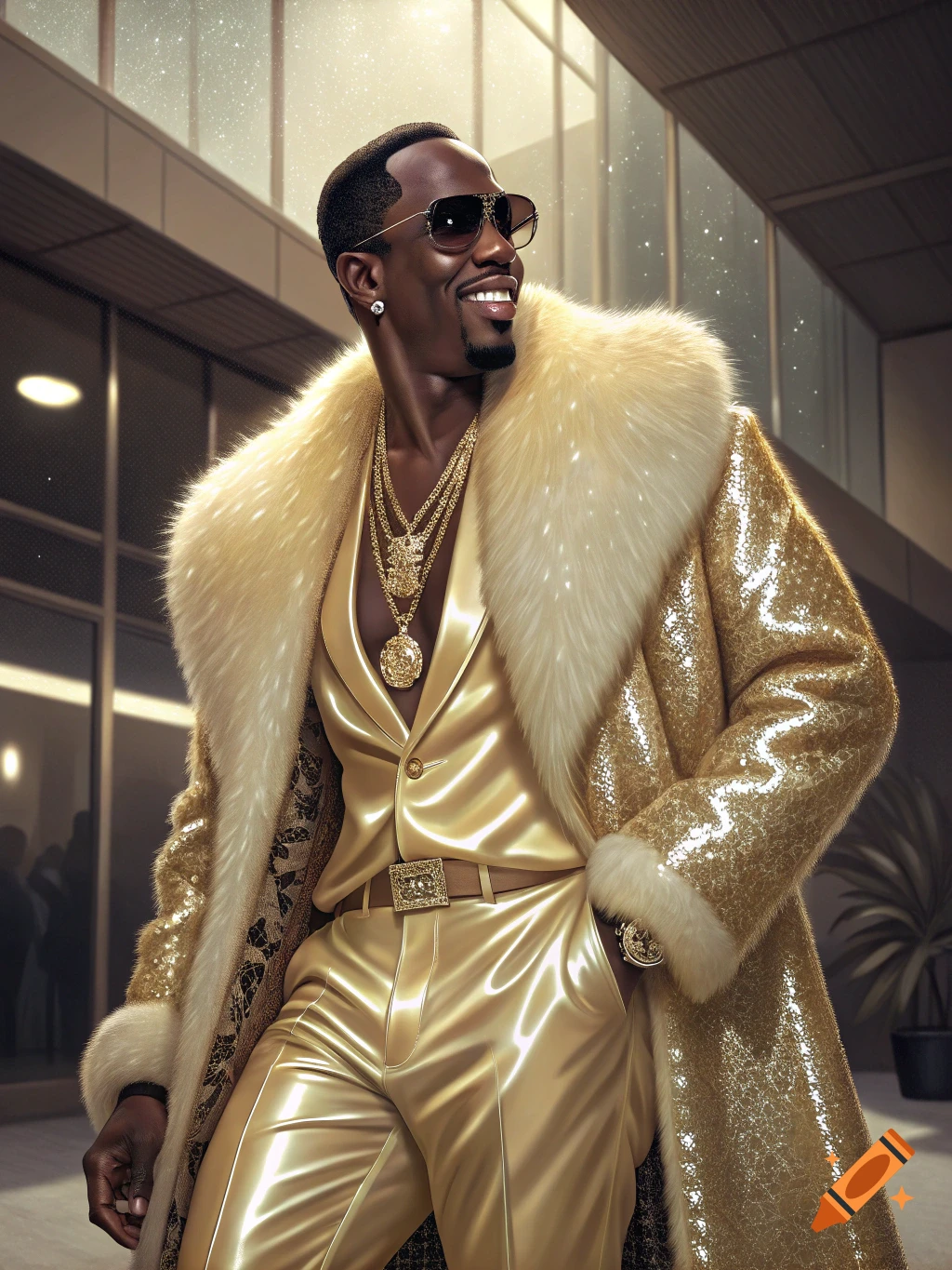 Man in a shiny gold suit and sequined coat with a fur collar.