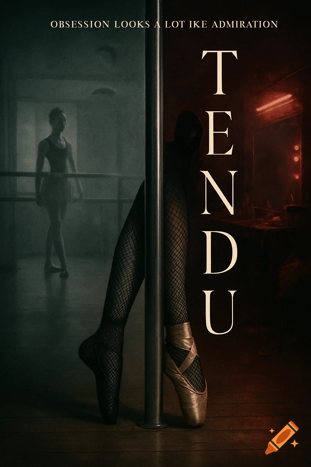 Movie poster with legs in fishnet tights and pointe shoes by a pole, blurry figures in a studio background, moody style.