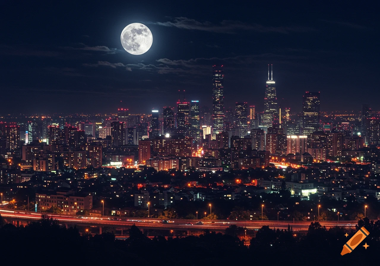 City skyline at night with a full moon and illuminated buildings and a highway in the foreground.