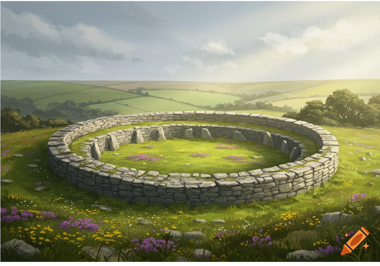 An illustration of a stone circle ring fort surrounded by green grass and wildflowers, with rolling hills and a cloudy sky in the background.