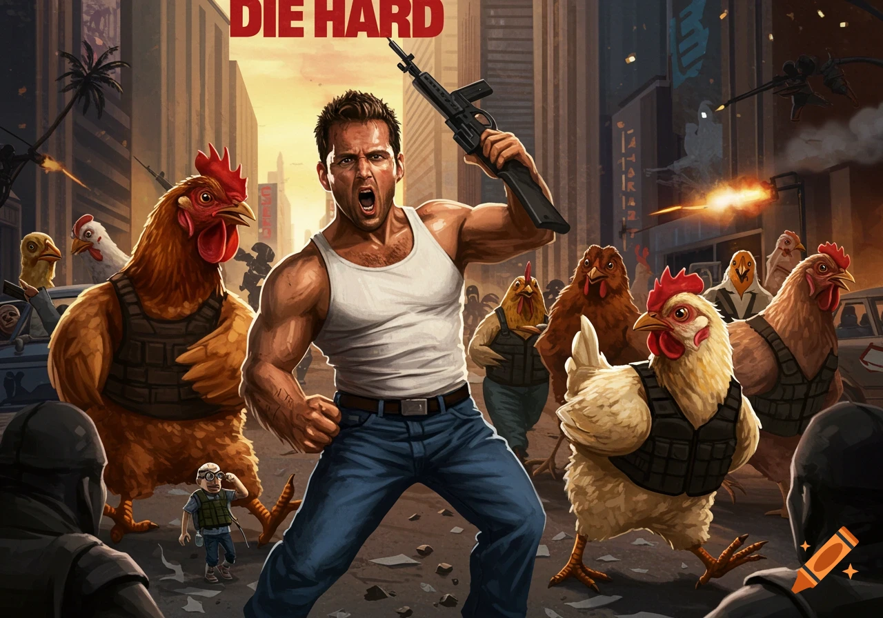 Movie poster style illustration of a man and chickens in tactical gear with guns in a city.