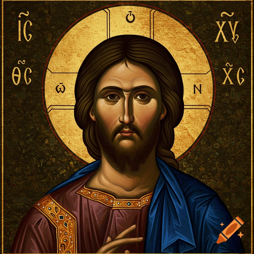 Icon of Jesus Christ with a halo, wearing a red robe and blue cloak, in a religious art style.