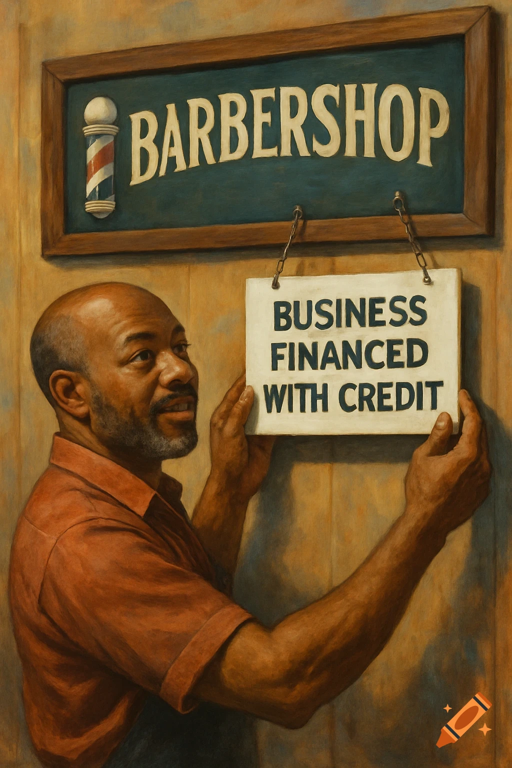 Painting of a man hanging a "Business Financed with Credit" sign below a barbershop sign.