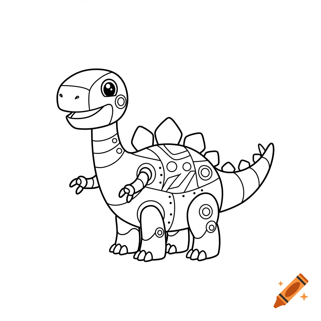 Black and white line drawing of a cartoon robot dinosaur.