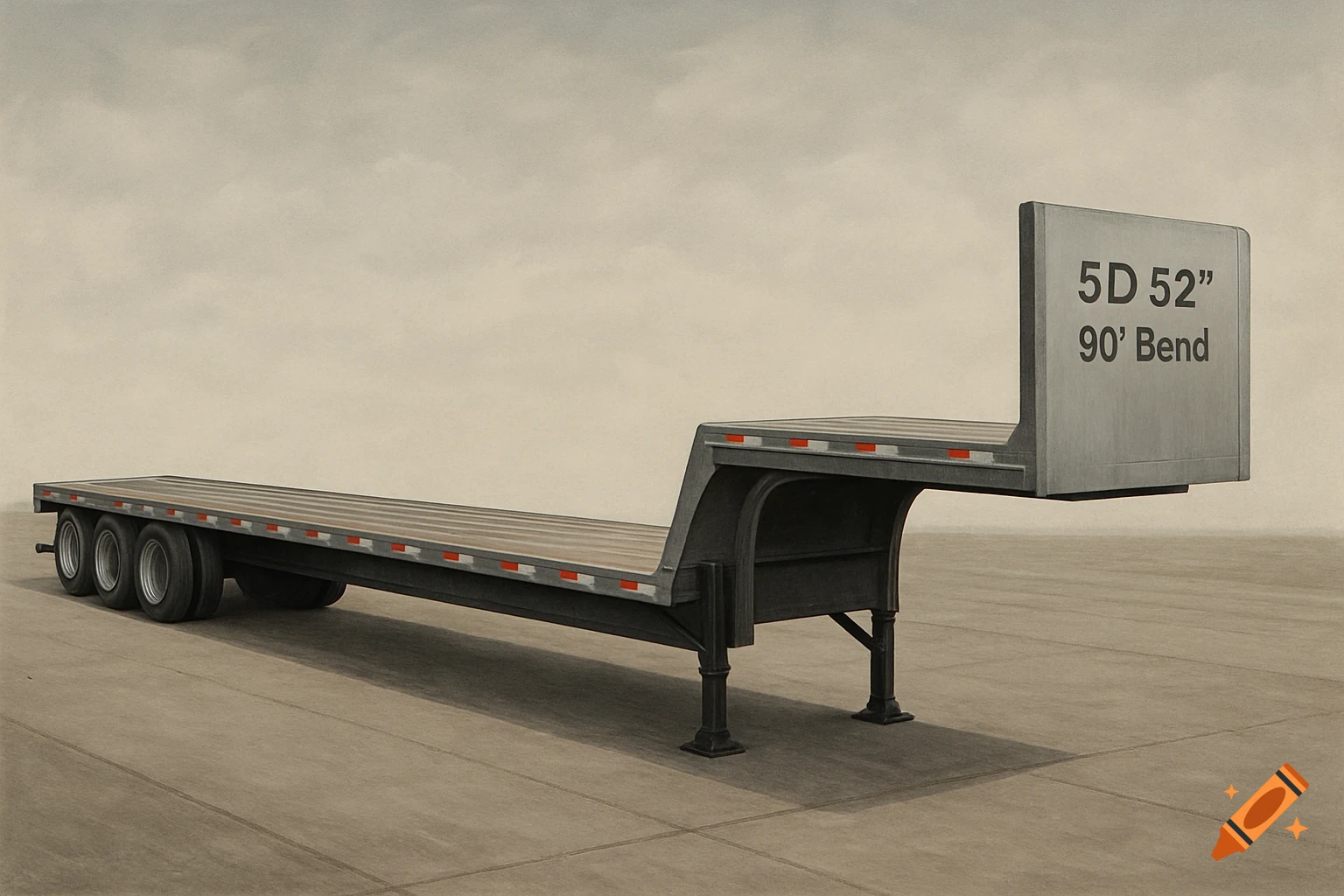 A detailed rendering of a flatbed trailer with '5D 52" 90' Bend' written on the back.