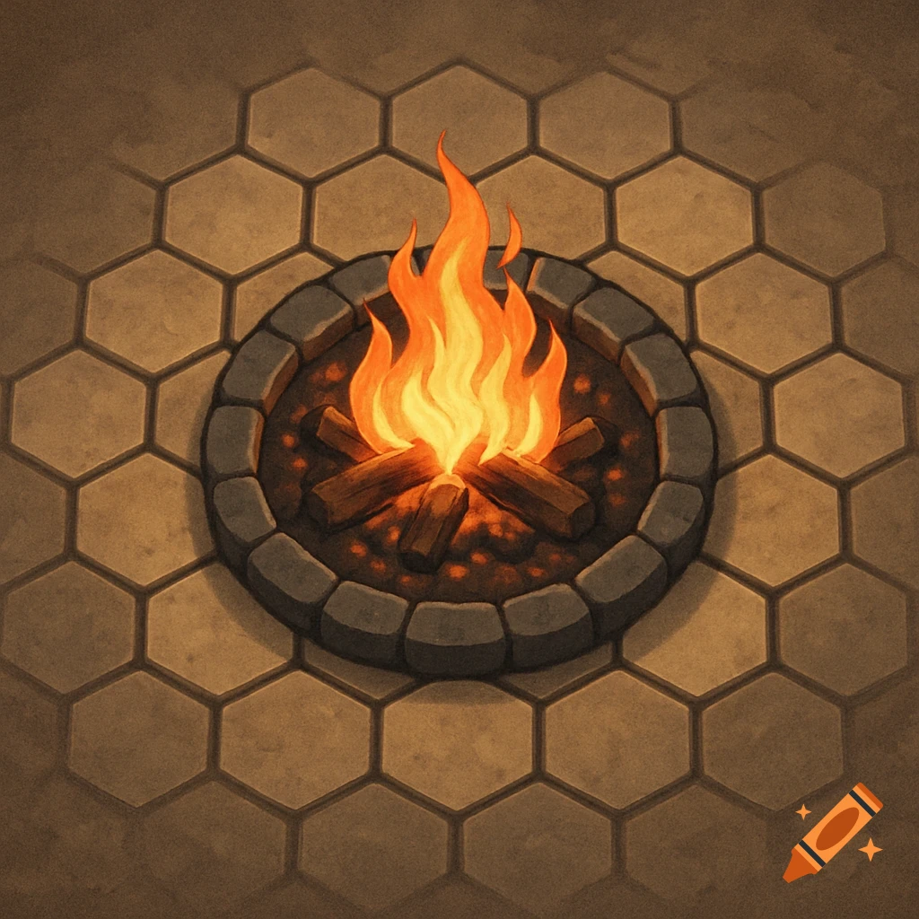 A top-down illustration of a campfire in a stone fire pit on a hexagonal tile floor.