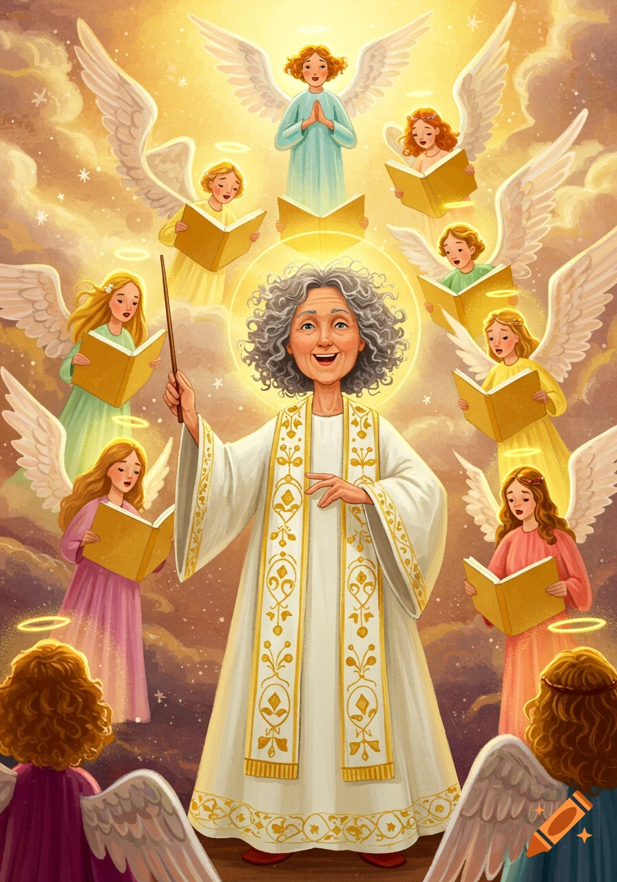 An illustration of a choir director leading a choir of angels holding books in a heavenly sky.