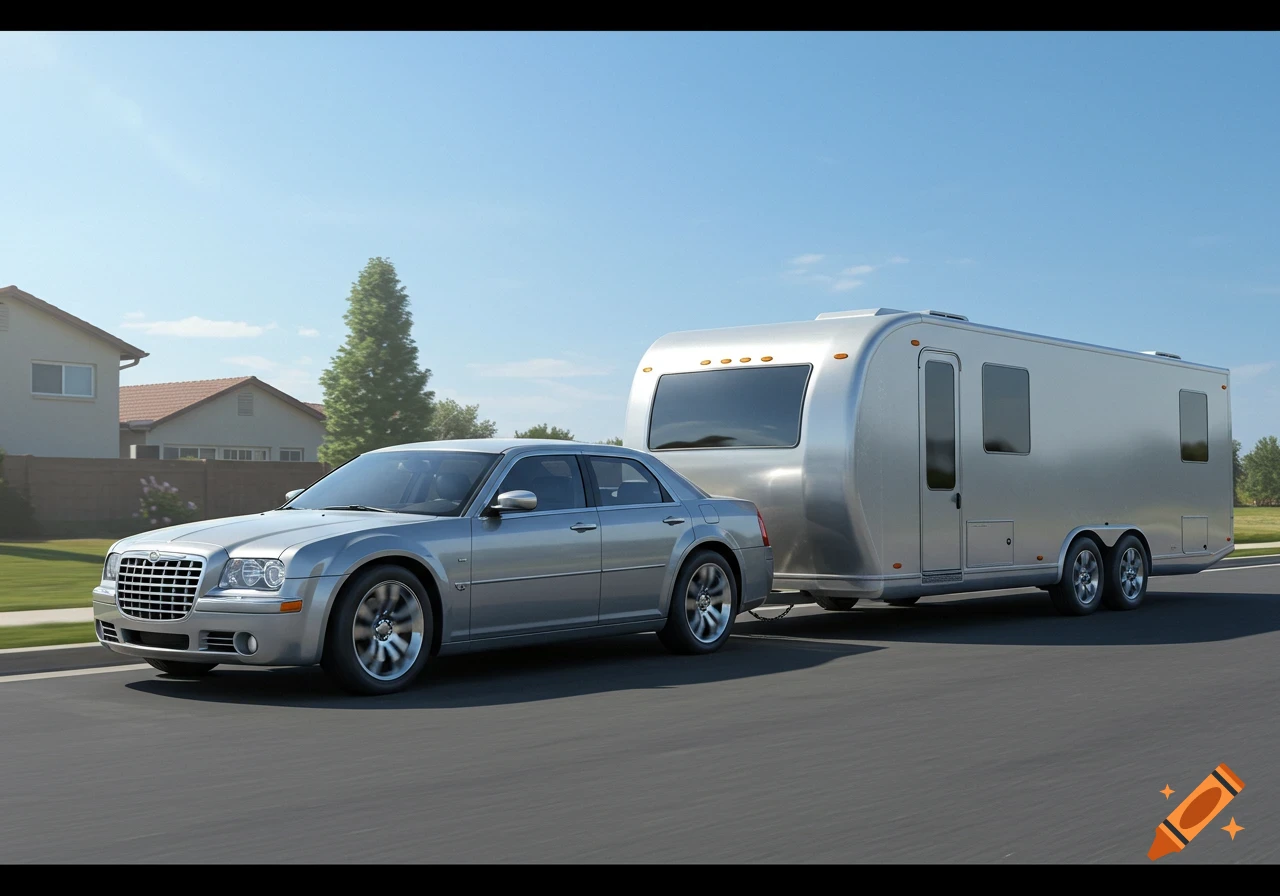 A silver car pulls a large silver travel trailer down a suburban street ...