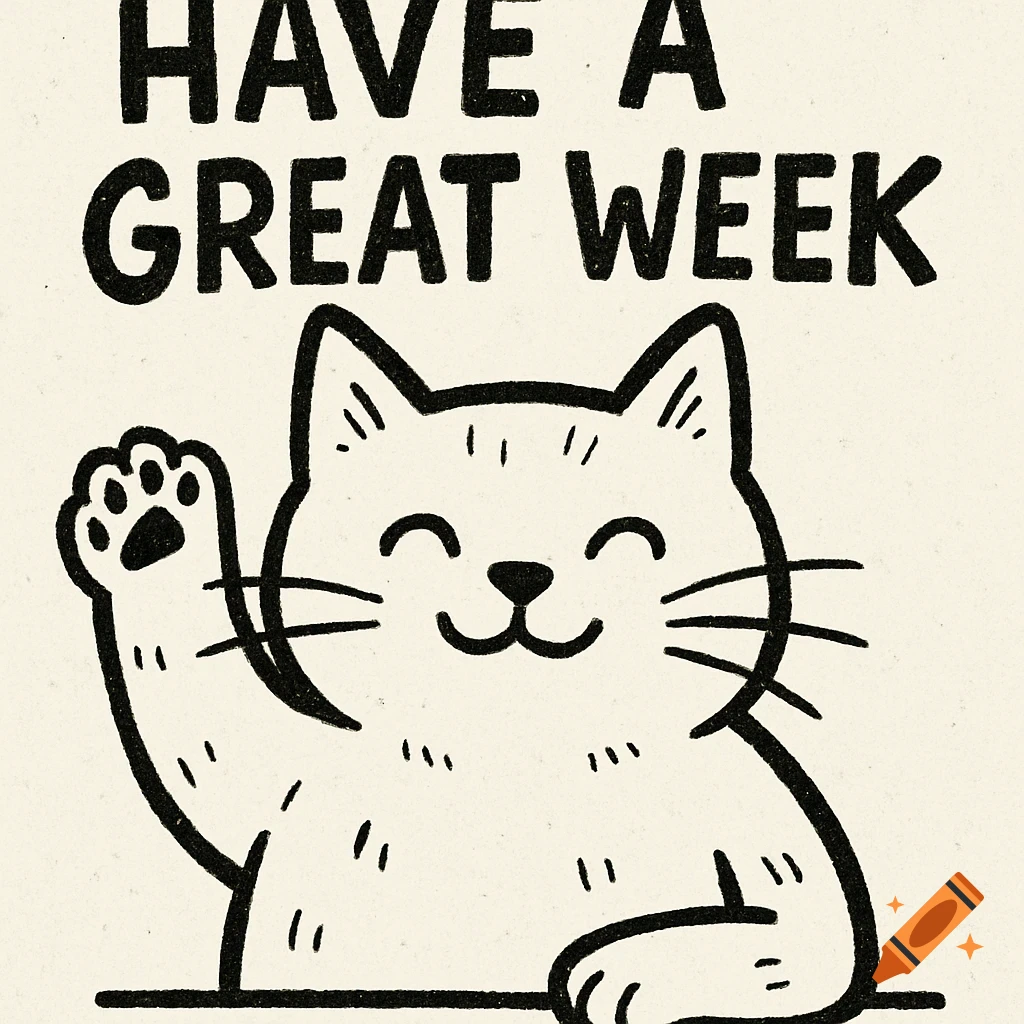 Hand-drawn black and white illustration of a cat waving below the text "HAVE A GREAT WEEK".