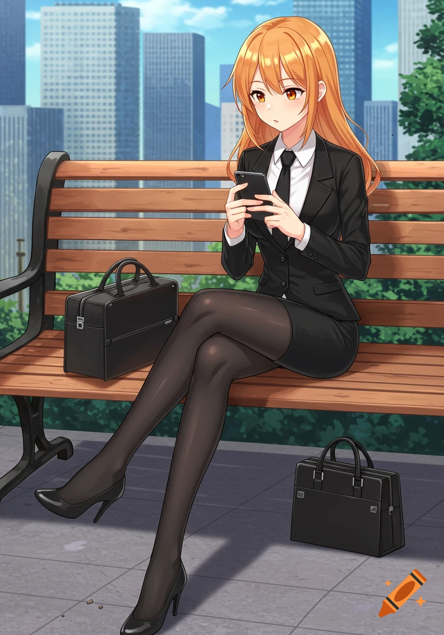 Anime woman in suit on city bench using phone