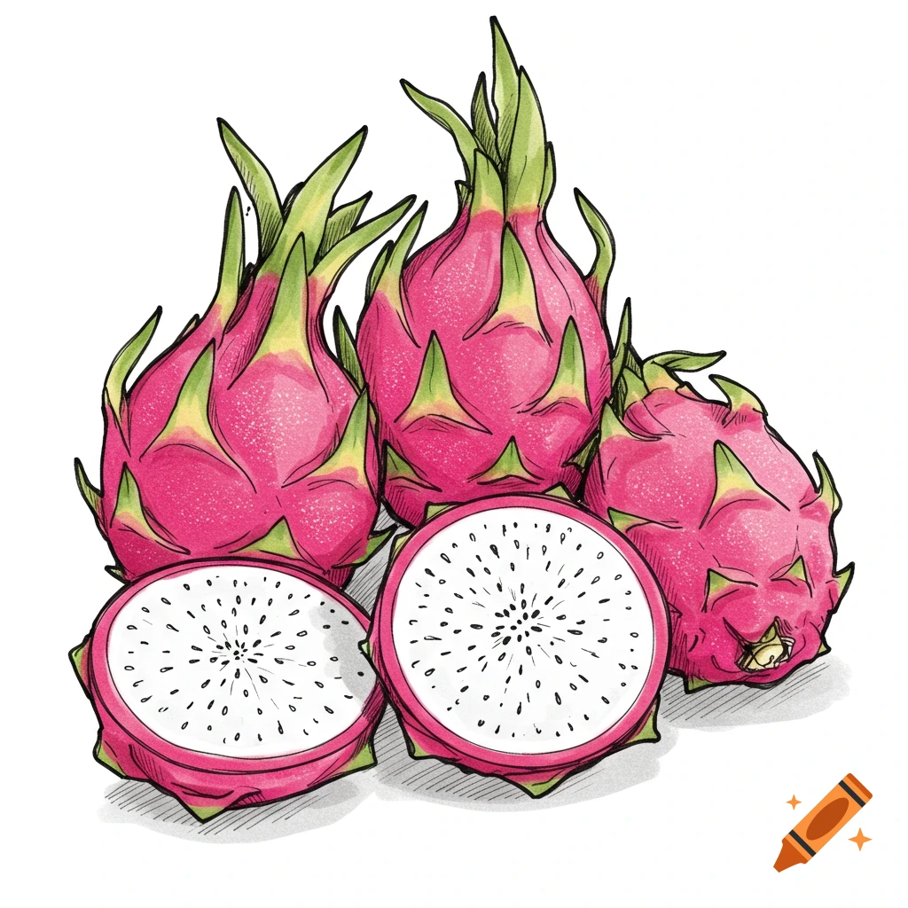 Illustration of whole and sliced dragon fruits.