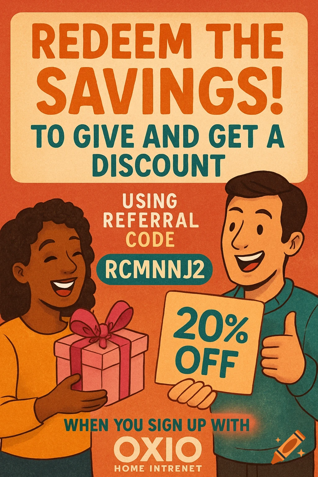 Illustration of a man and a woman offering a discount. The woman holds a gift, the man holds a sign that says '20% OFF'. Promotional text is around them.