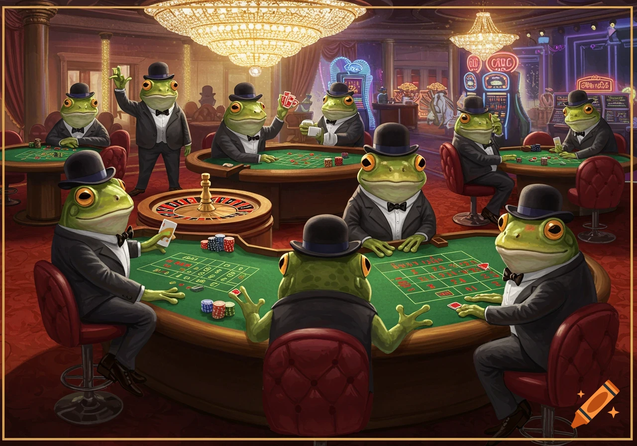 Anthropomorphic frogs in bowler hats gamble at tables in a lavish casino.