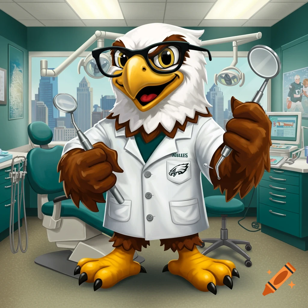 Cartoon Philadelphia Eagles mascot wearing a lab coat and glasses, holding dental tools in a dental office.