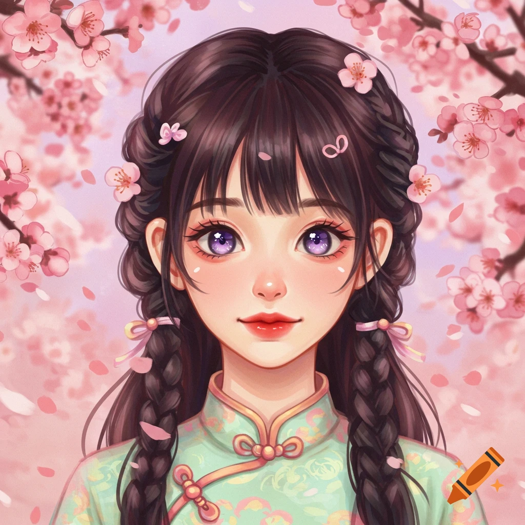 Anime portrait of a young woman in a green Chinese dress among cherry blossoms