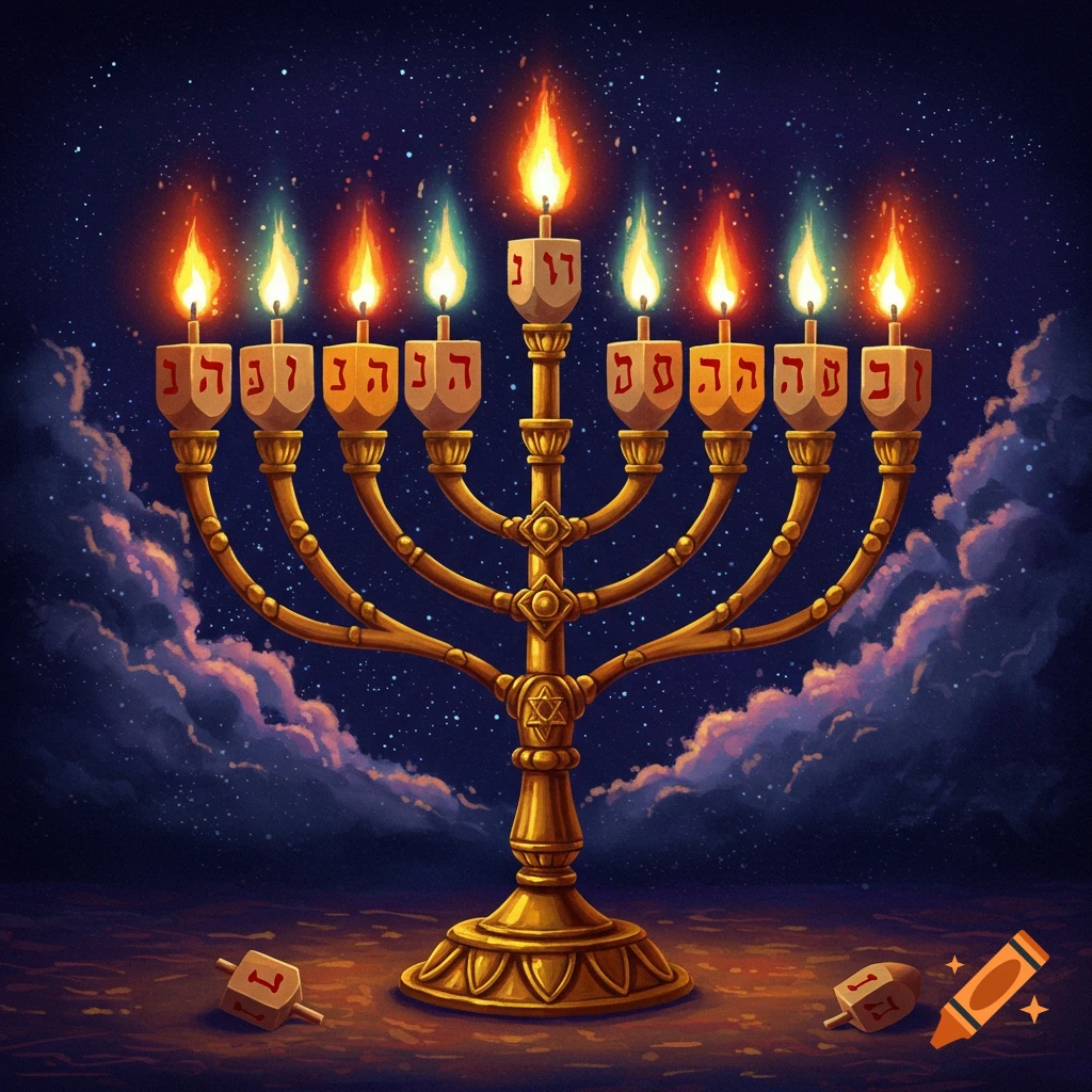 Digital painting of a gold menorah with burning dreidels under a starry night sky. Two dreidels are at the base.