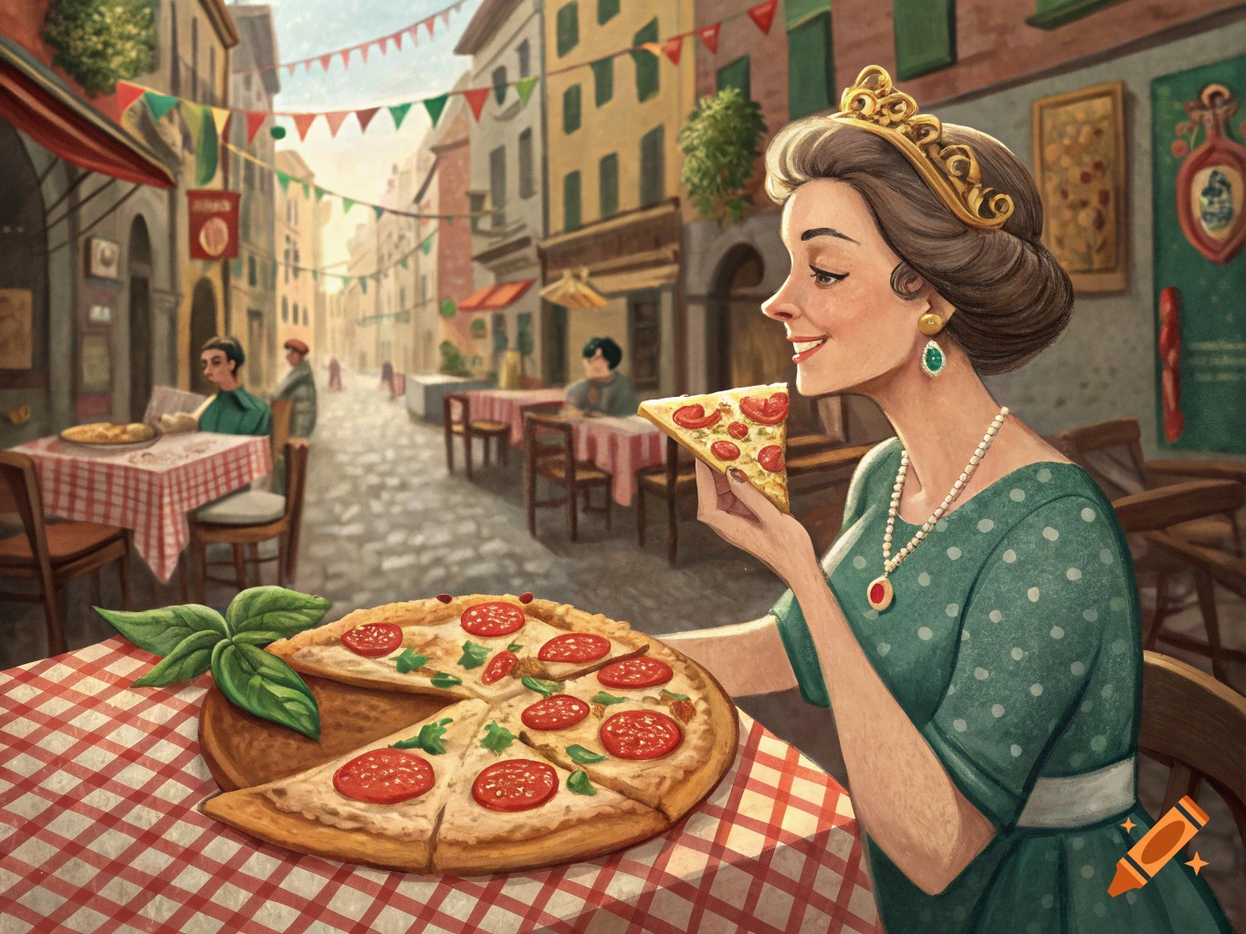 Illustration of a woman in a green dress and tiara eating a slice of pizza outside on an Italian street.